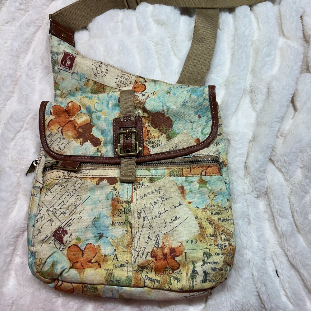 Rare Vintage Fossil Antique Map & Floral Print Crossbody - EUC
